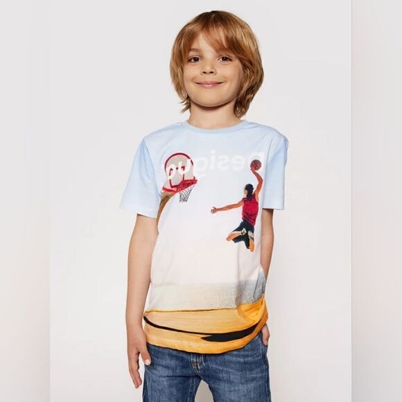 New‎ With Tag Desigual Size 3/4 Short Sleeve Basketball Print Organic T-shirt - Picture 1 of 14